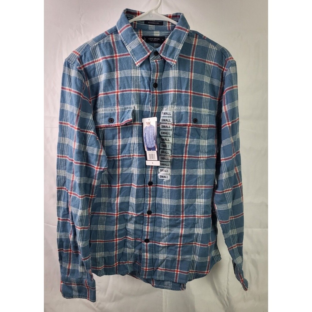 Lucky Brand Flannel Shirt Men Sm Blue Plaid Long Sleeve Button Up 2 Pocket NWT